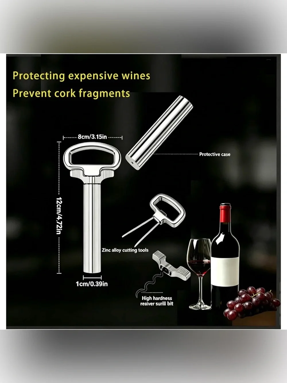 Professional Wine Opener, Two-Part Cork Removal Device, Zinc Alloy, NIB